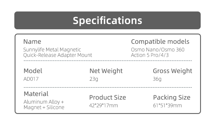 Sunnylife AD017-T DJI Nano/360/Action 5/4/3 Metal Magnetic Quick Release Adapter Mount Action Camera Foldable Cam Stand 1/4" Adapter - Image 11